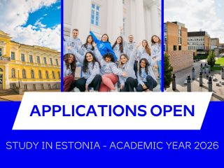International students on Estonian university campuses with text “Applications open – Study in Estonia, academic year 2026”.